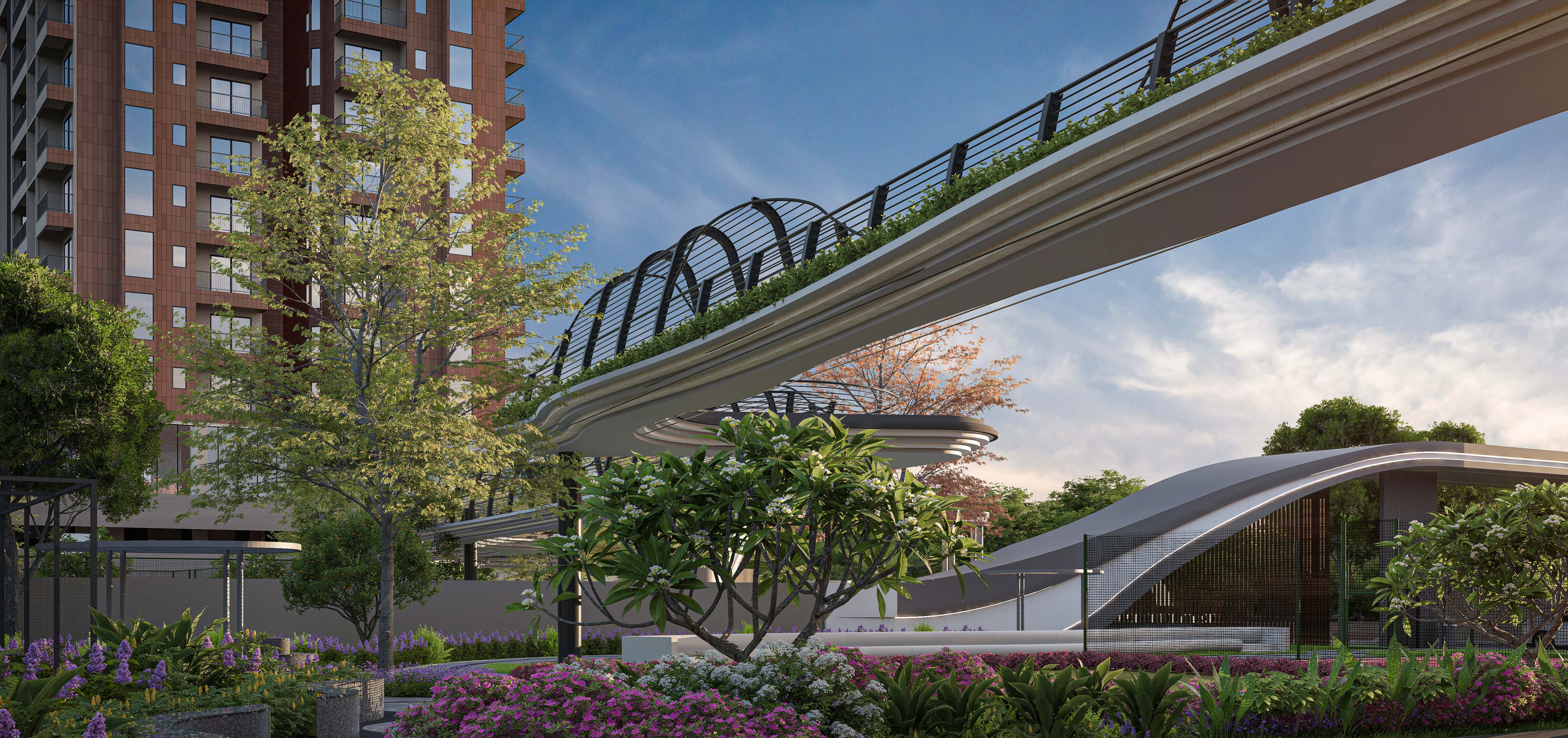 Landscaped arrival boulevard at 6 Boulevard