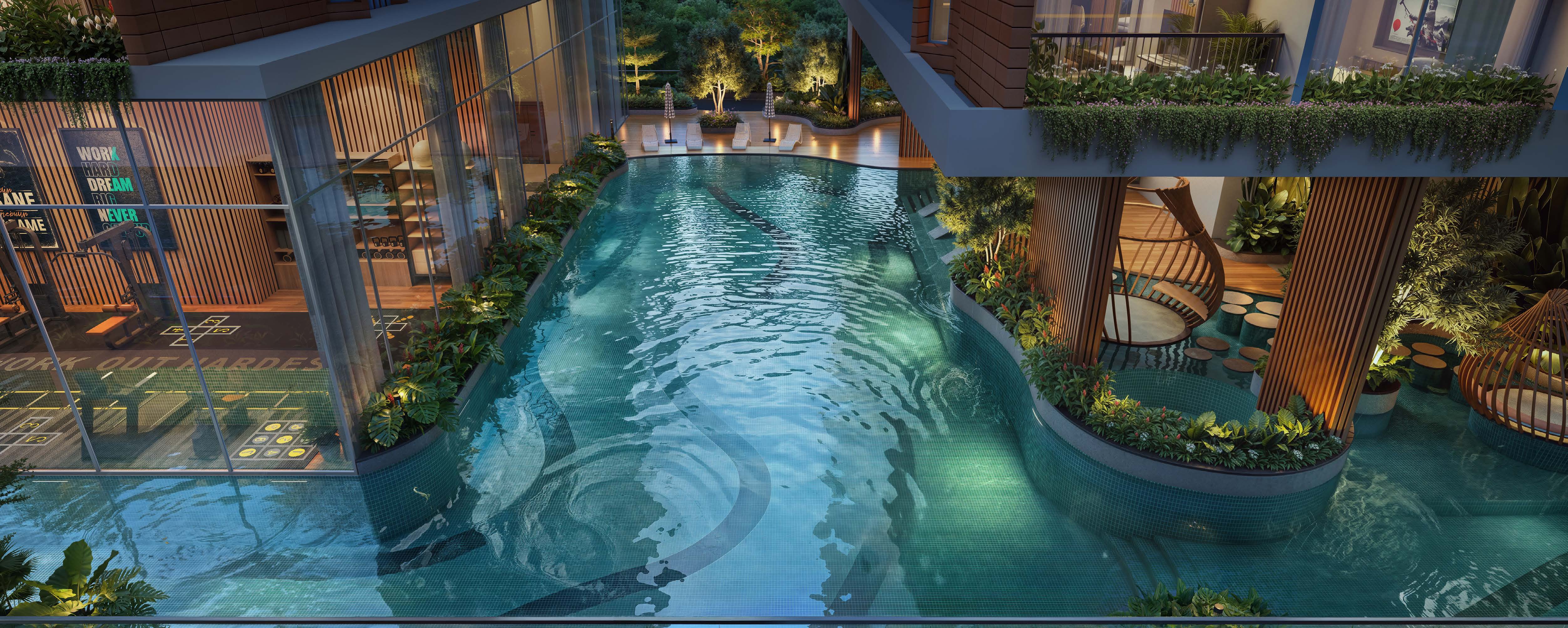 Resort style lap pool with sun decks