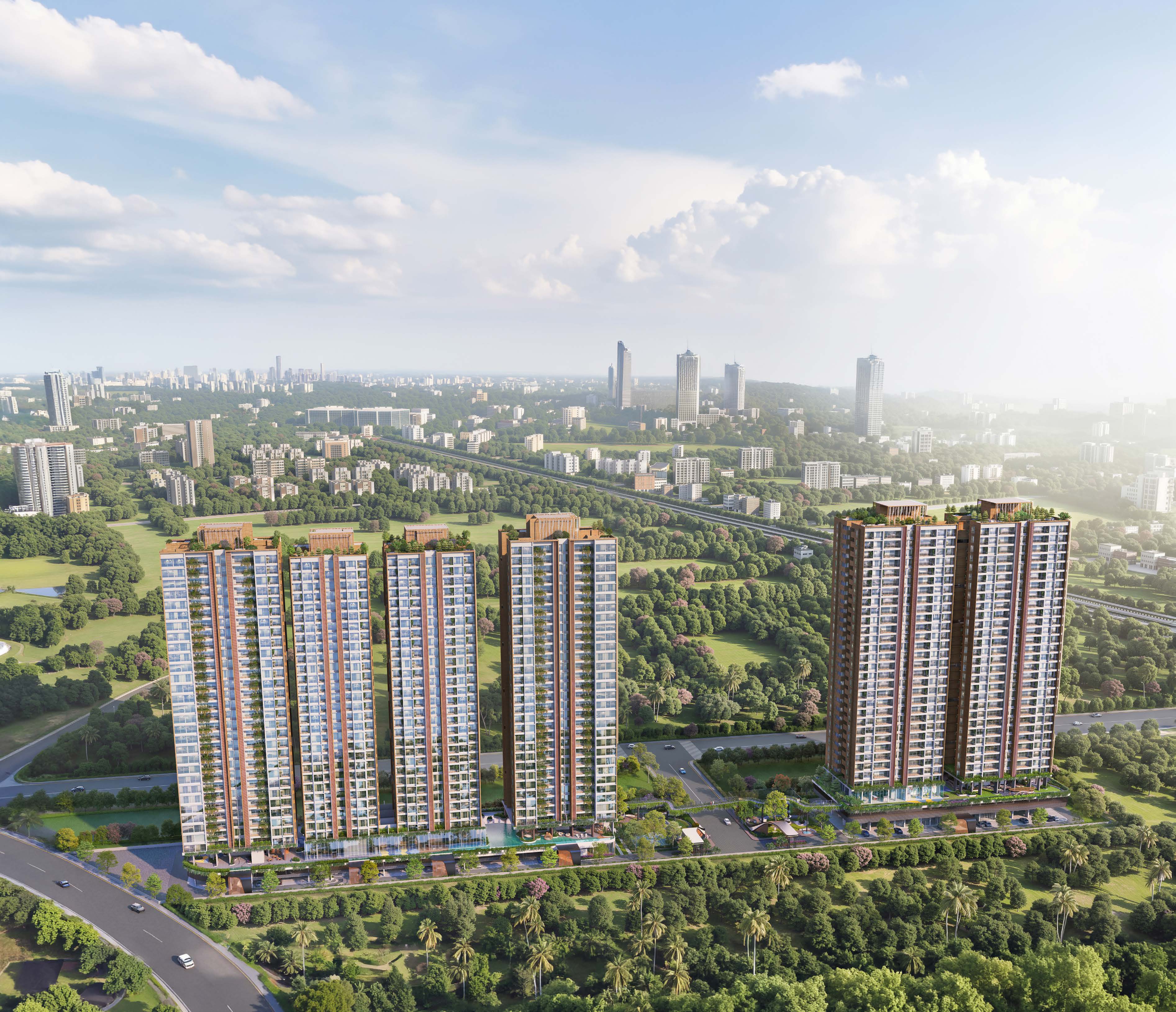 Aerial view of 6 Boulevard towers and lush landscape