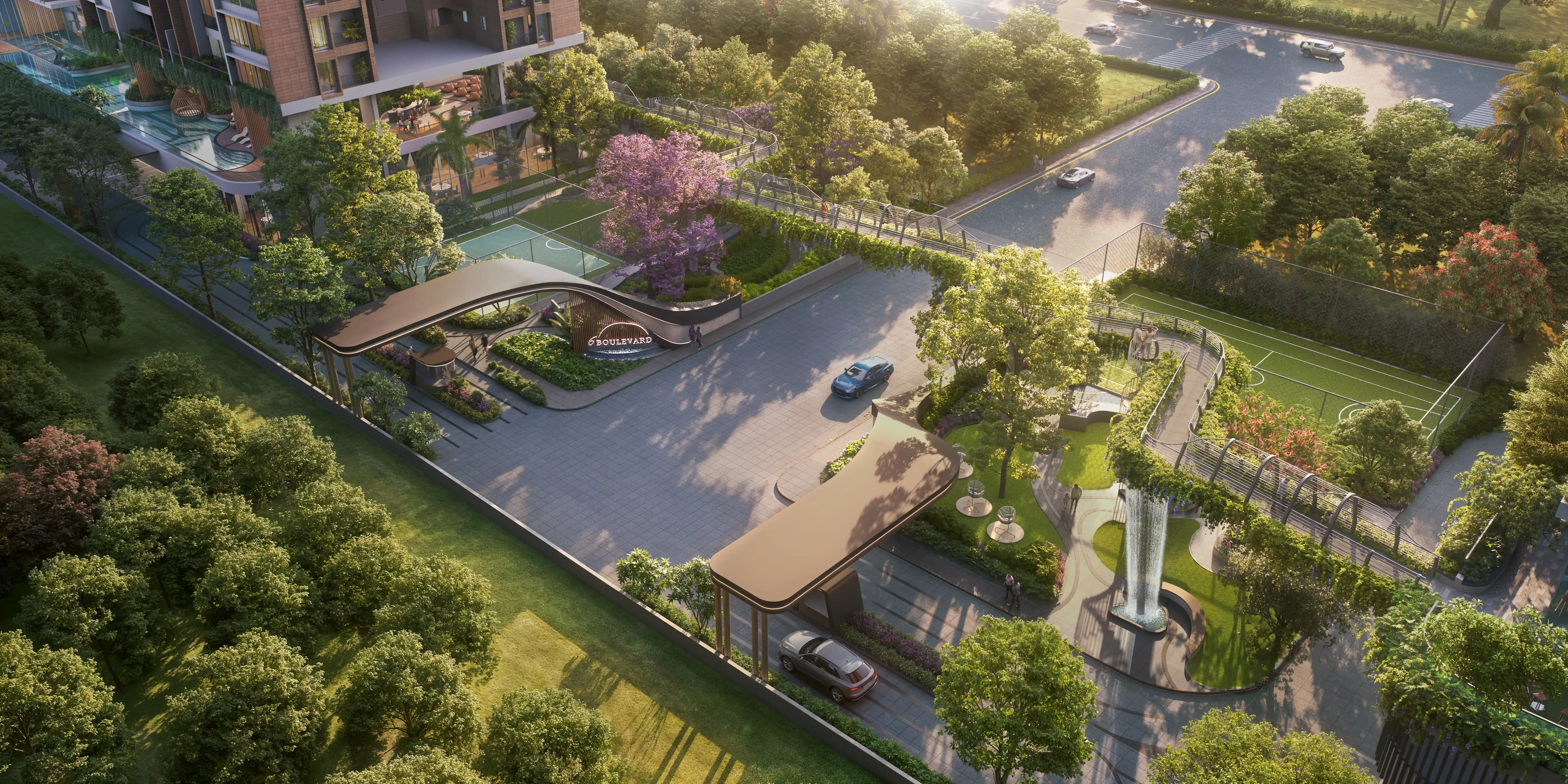 Landscaped arrival boulevard connecting the residences