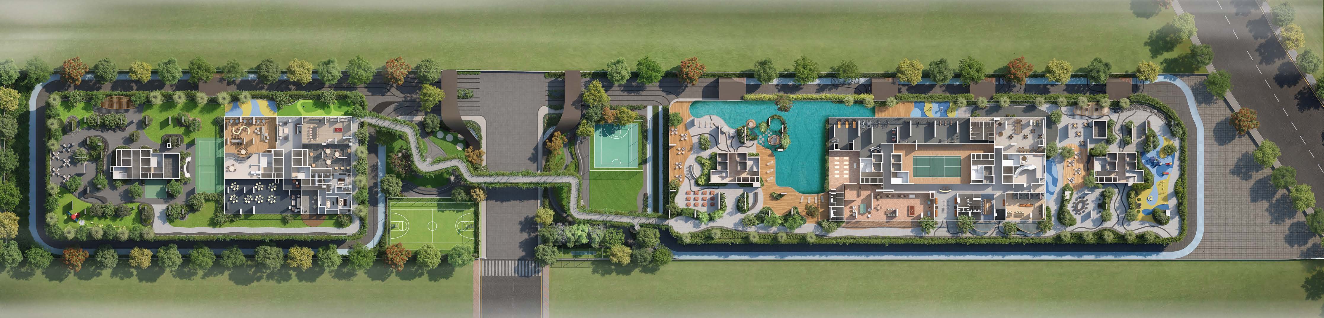 Space Landscape Plan showing zoning, amenities, residential towers and recreation areas across three acres